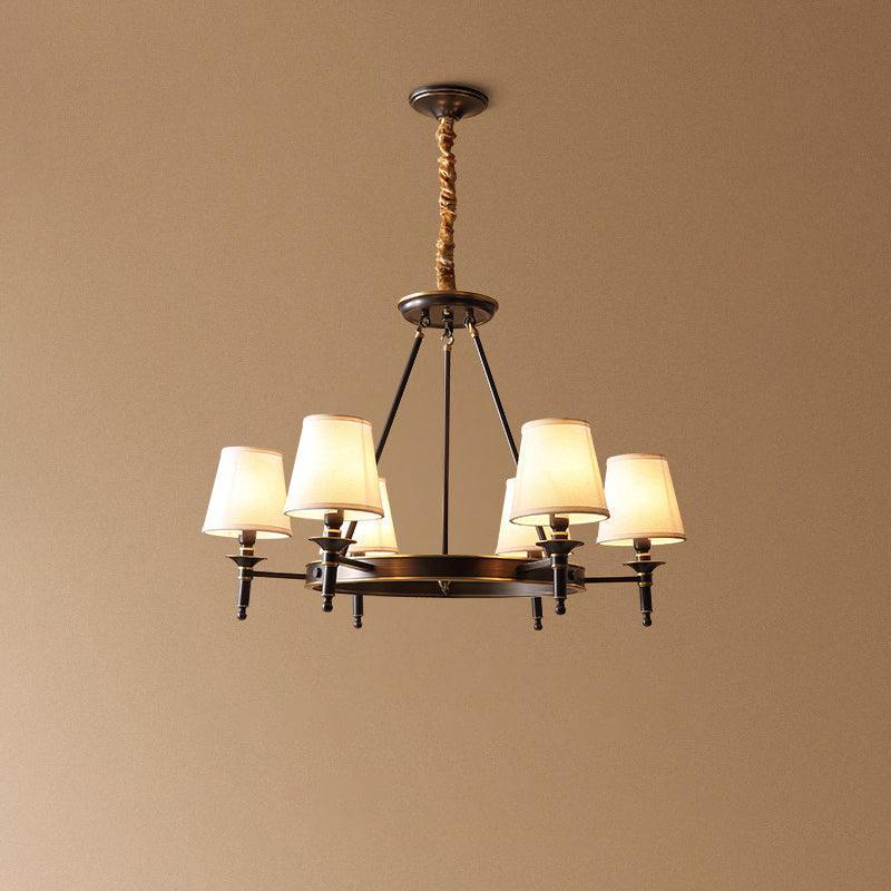 Modern Polished Brass Crown Chandelier with Natural Linen Shades for Living Room