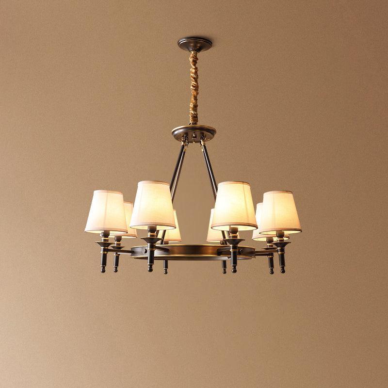 Modern Polished Brass Crown Chandelier with Natural Linen Shades for Living Room