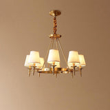 Modern Polished Brass Crown Chandelier with Natural Linen Shades for Living Room