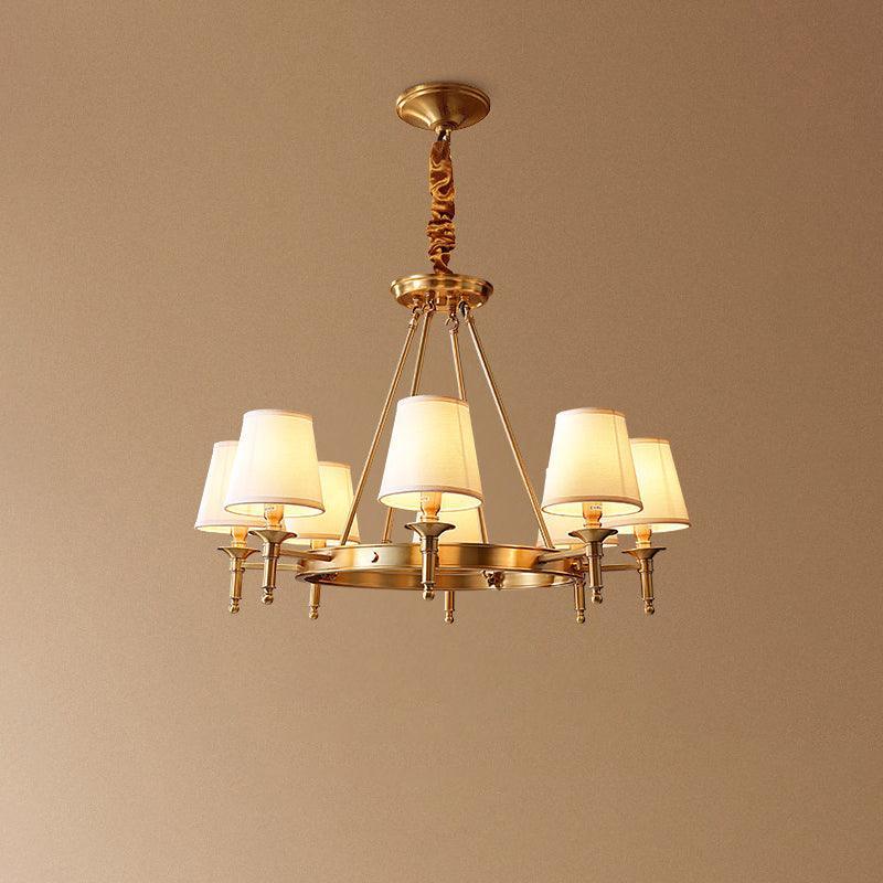 Modern Polished Brass Crown Chandelier with Natural Linen Shades for Living Room