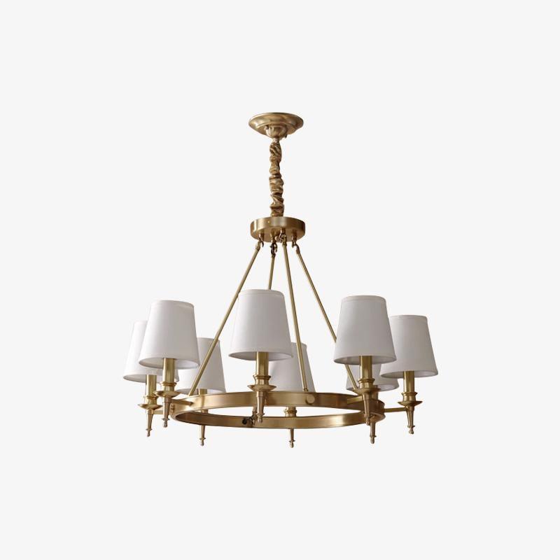Modern Polished Brass Crown Chandelier with Natural Linen Shades for Living Room