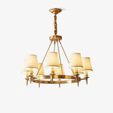 Modern Polished Brass Crown Chandelier with Natural Linen Shades for Living Room