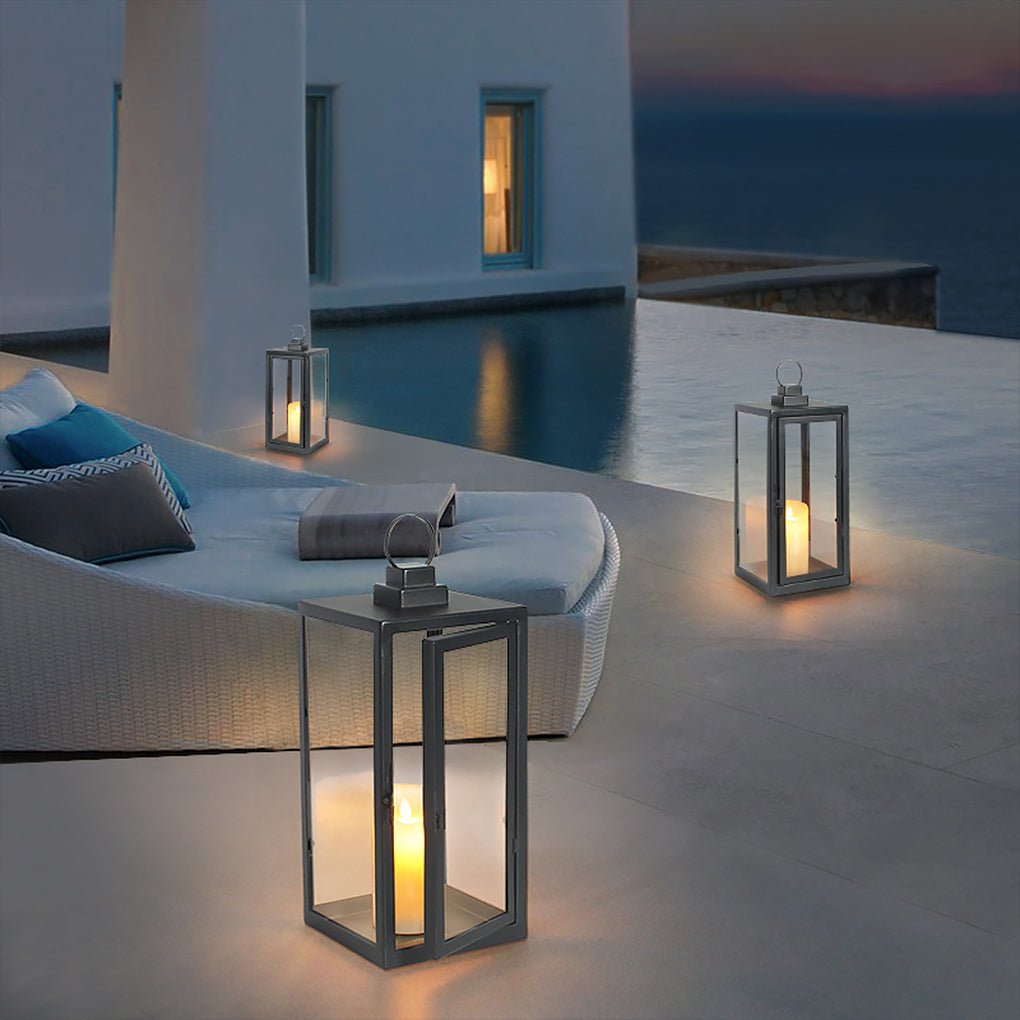 Modern Portable LED Outdoor Floor Lamp Rechargeable Candle Lantern with Glass and Steel