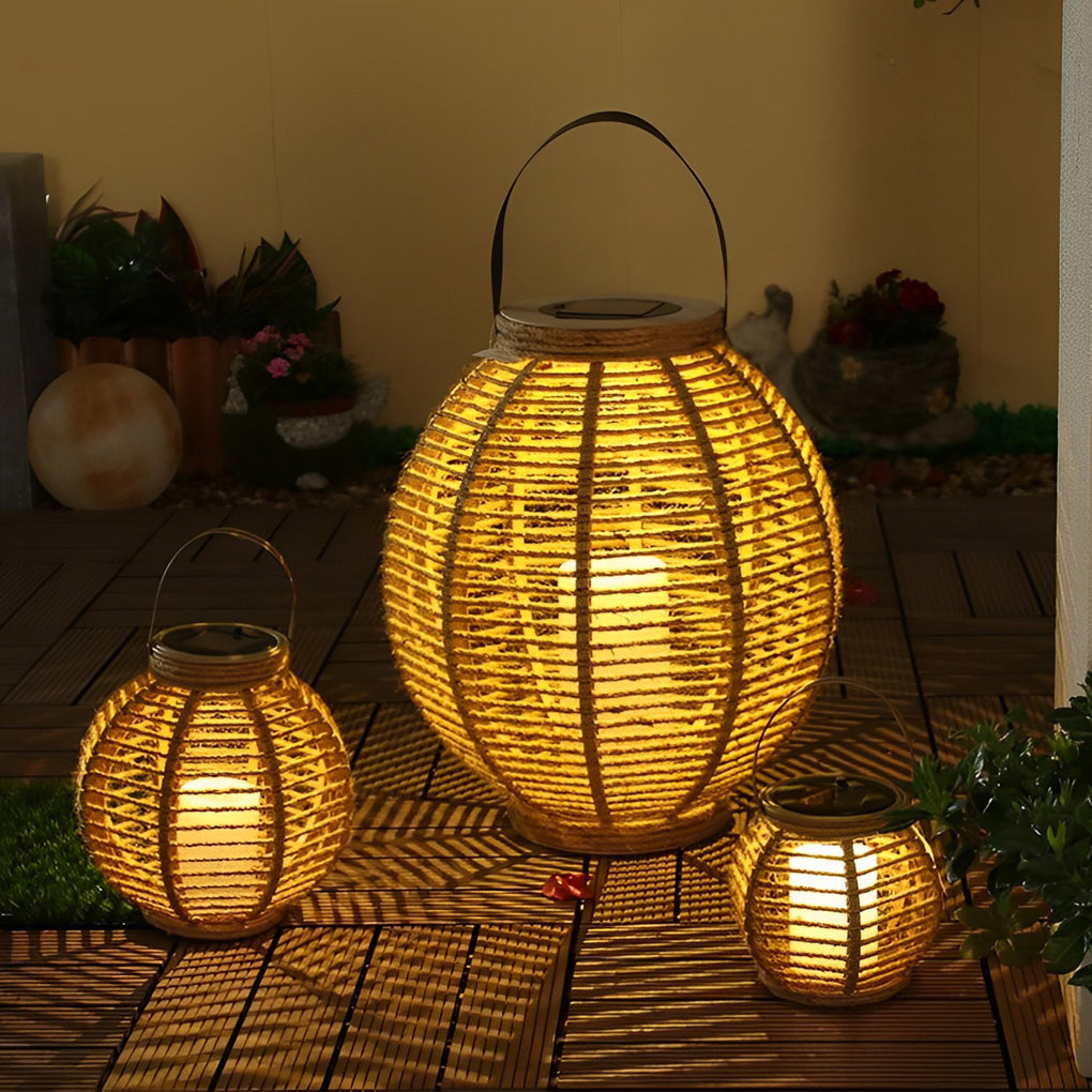 Modern Portable Solar Powered LED Outdoor Rattan Lantern for Garden Patio and Balcony