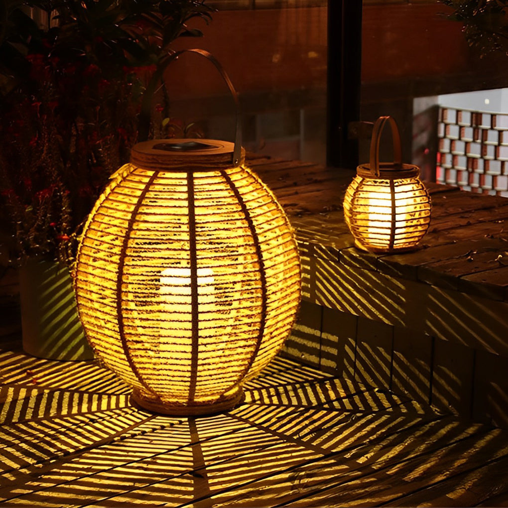 Modern Portable Solar Powered LED Outdoor Rattan Lantern for Garden Patio and Balcony