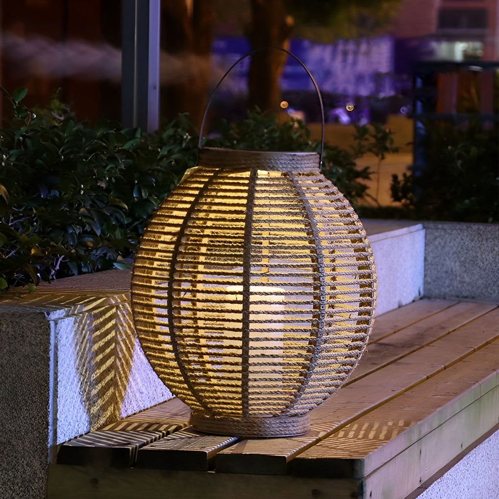 Modern Portable Solar Powered LED Outdoor Rattan Lantern for Garden Patio and Balcony