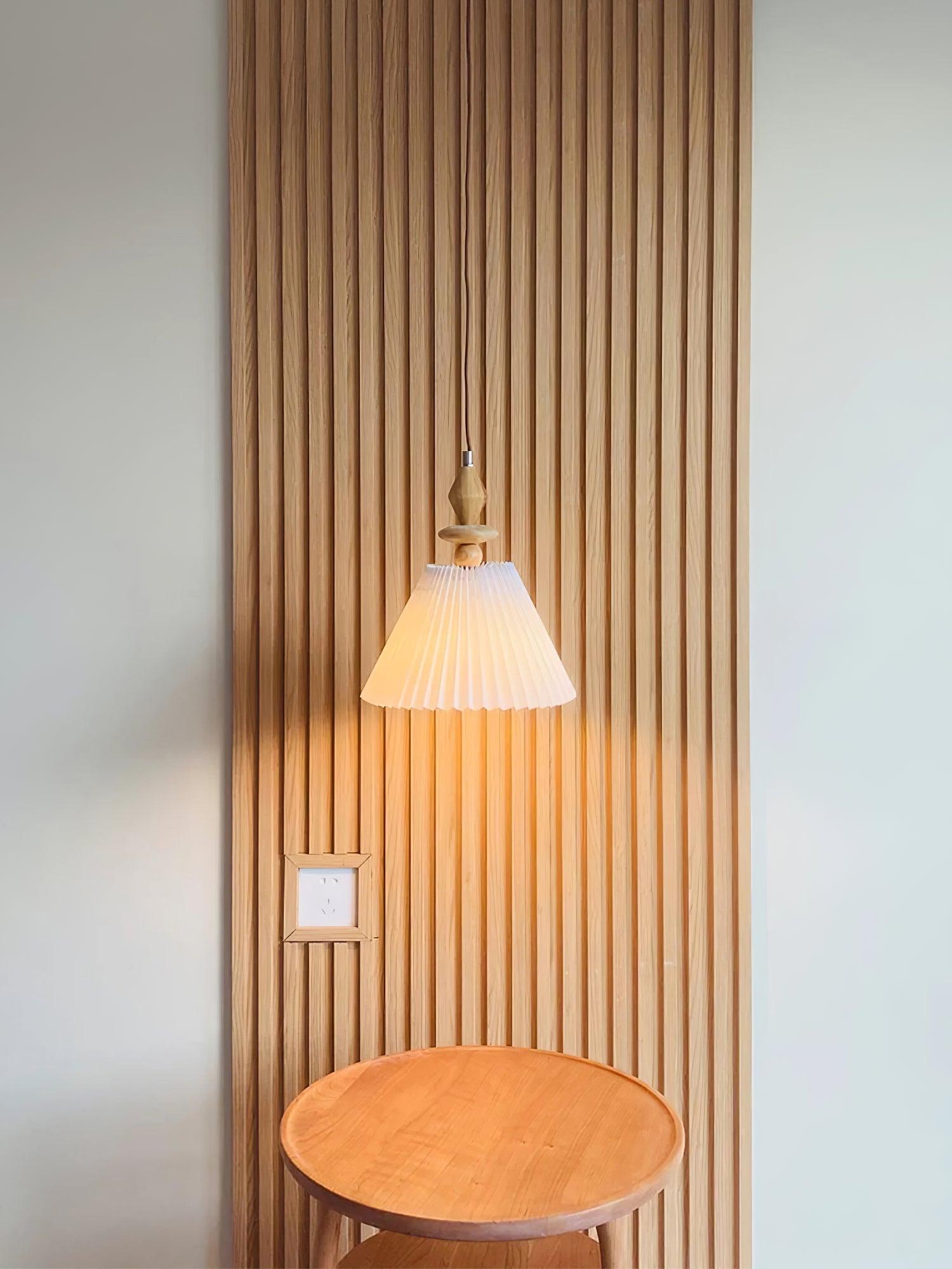 Modern Prairie Pleated Shade Pendant Light with Hand Turned Wood Details