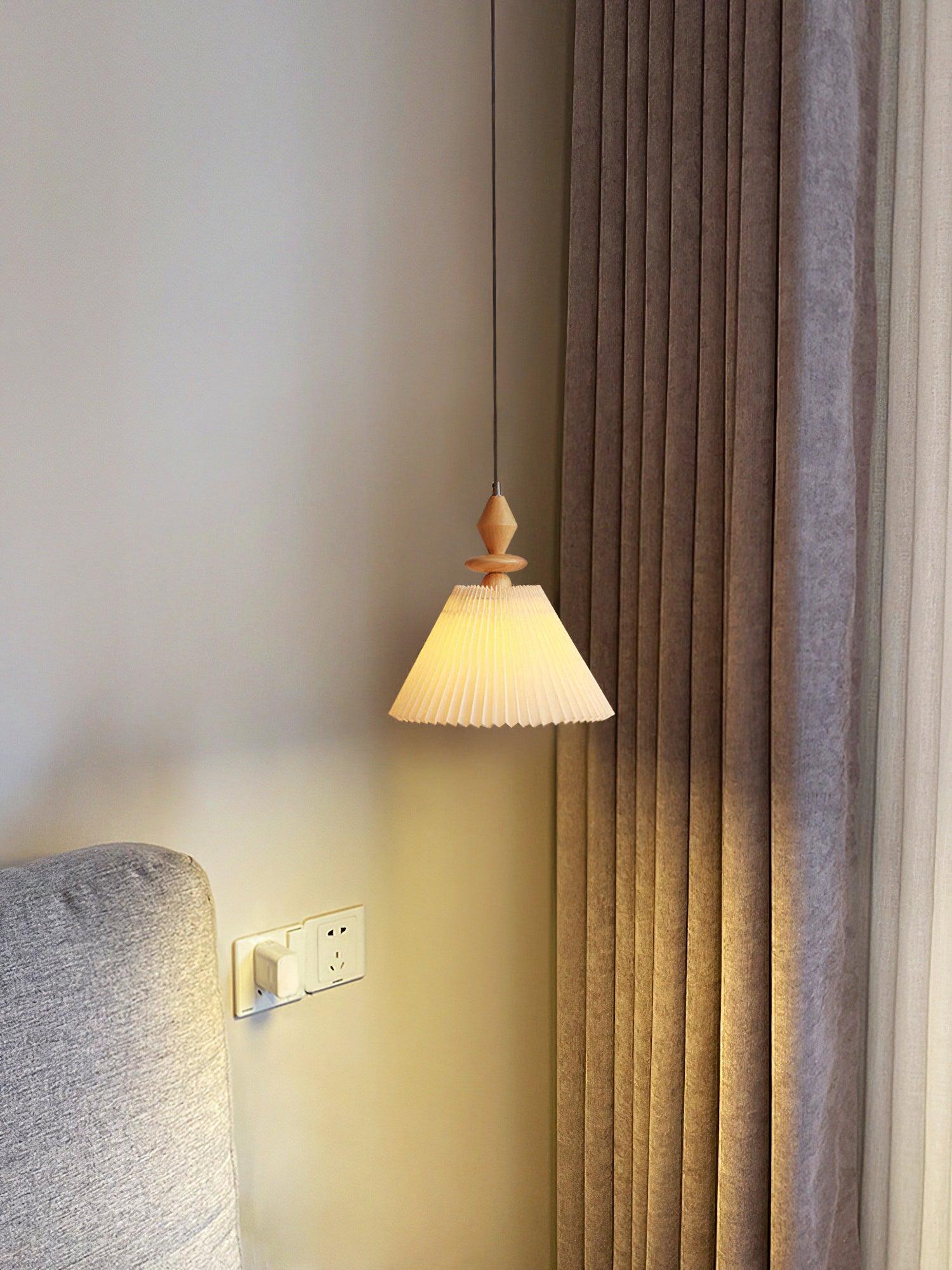 Modern Prairie Pleated Shade Pendant Light with Hand Turned Wood Details