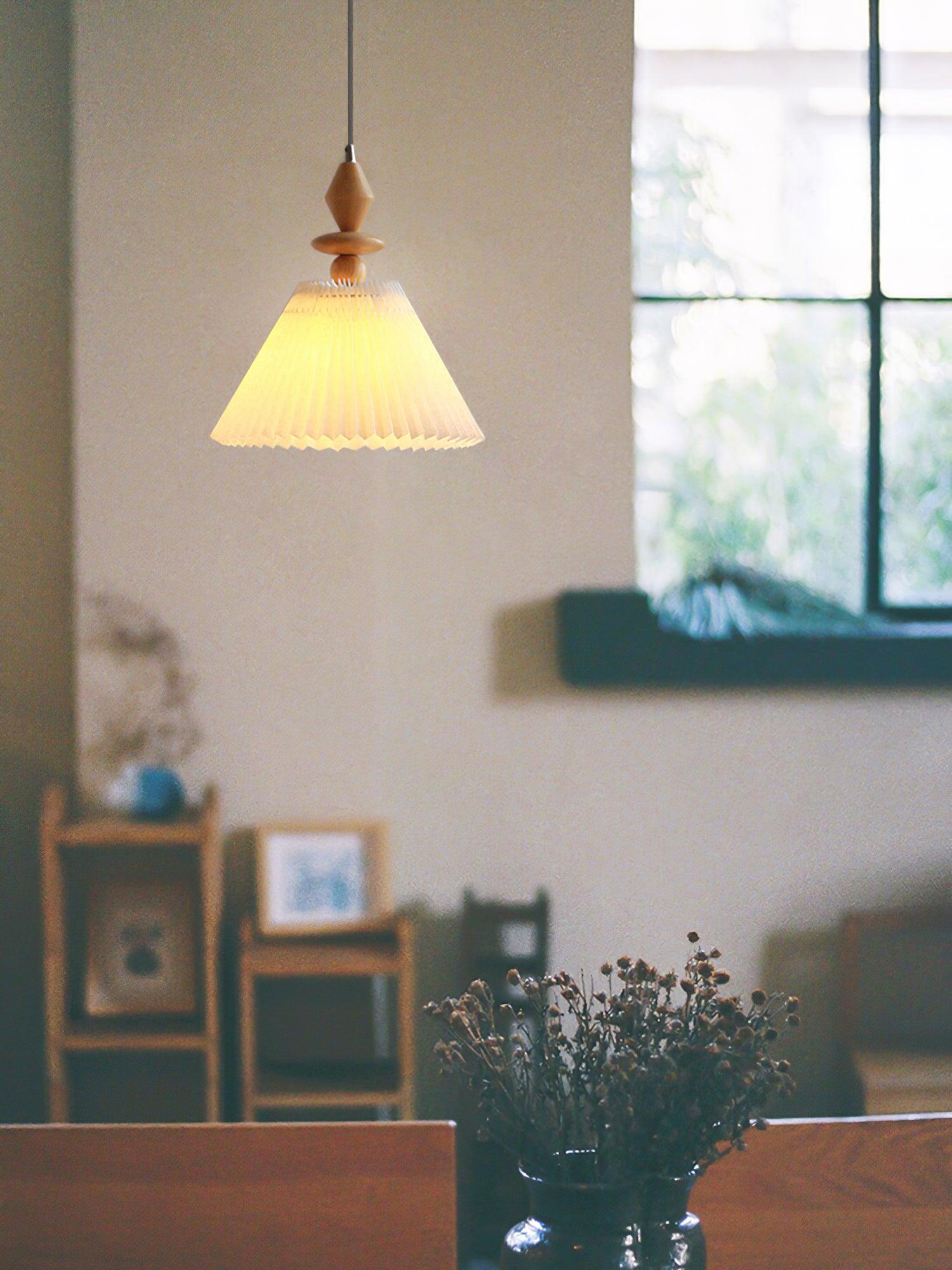 Modern Prairie Pleated Shade Pendant Light with Hand Turned Wood Details
