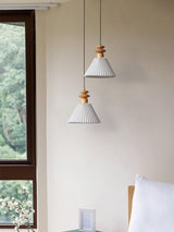 Modern Prairie Pleated Shade Pendant Light with Hand Turned Wood Details