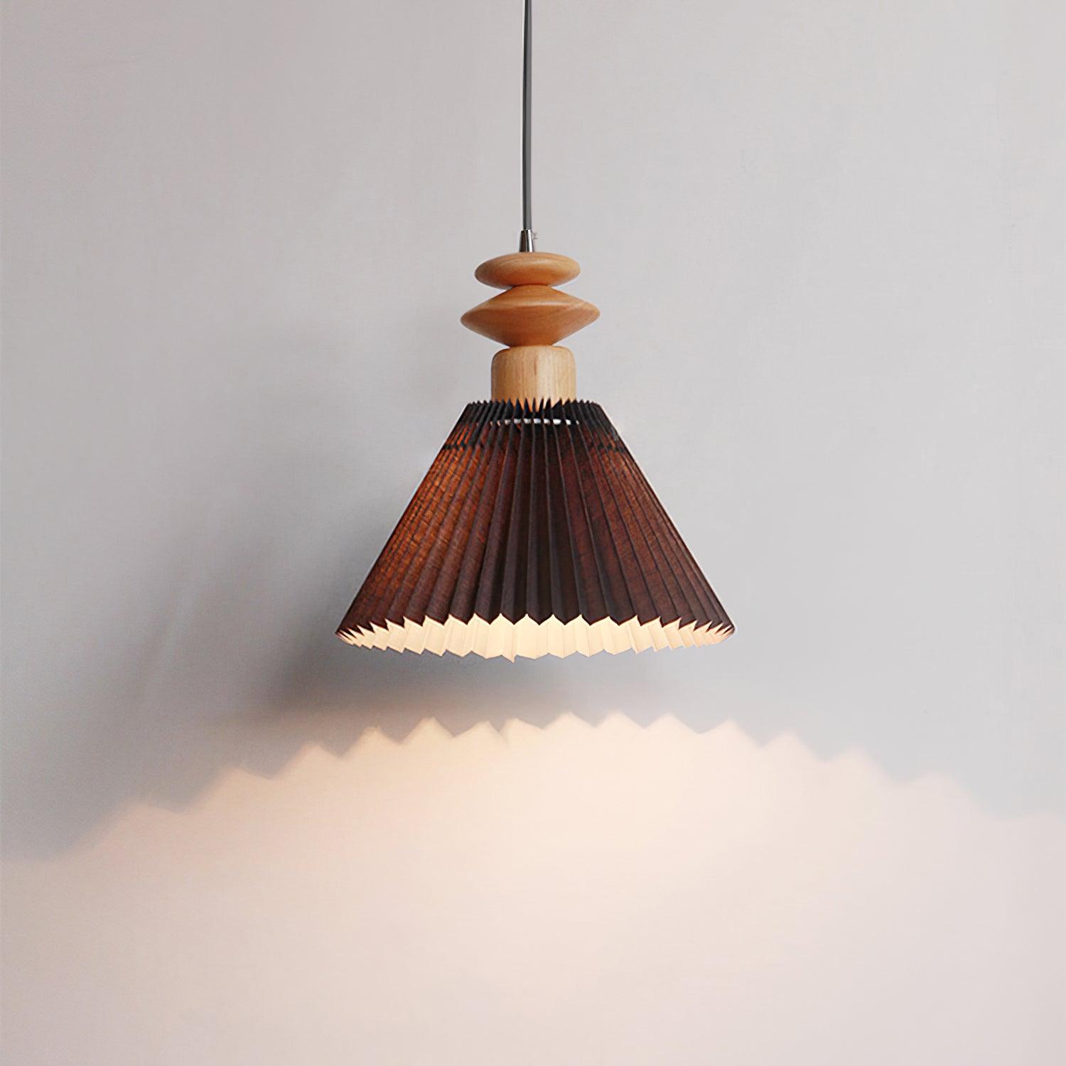 Modern Prairie Pleated Shade Pendant Light with Hand Turned Wood Details