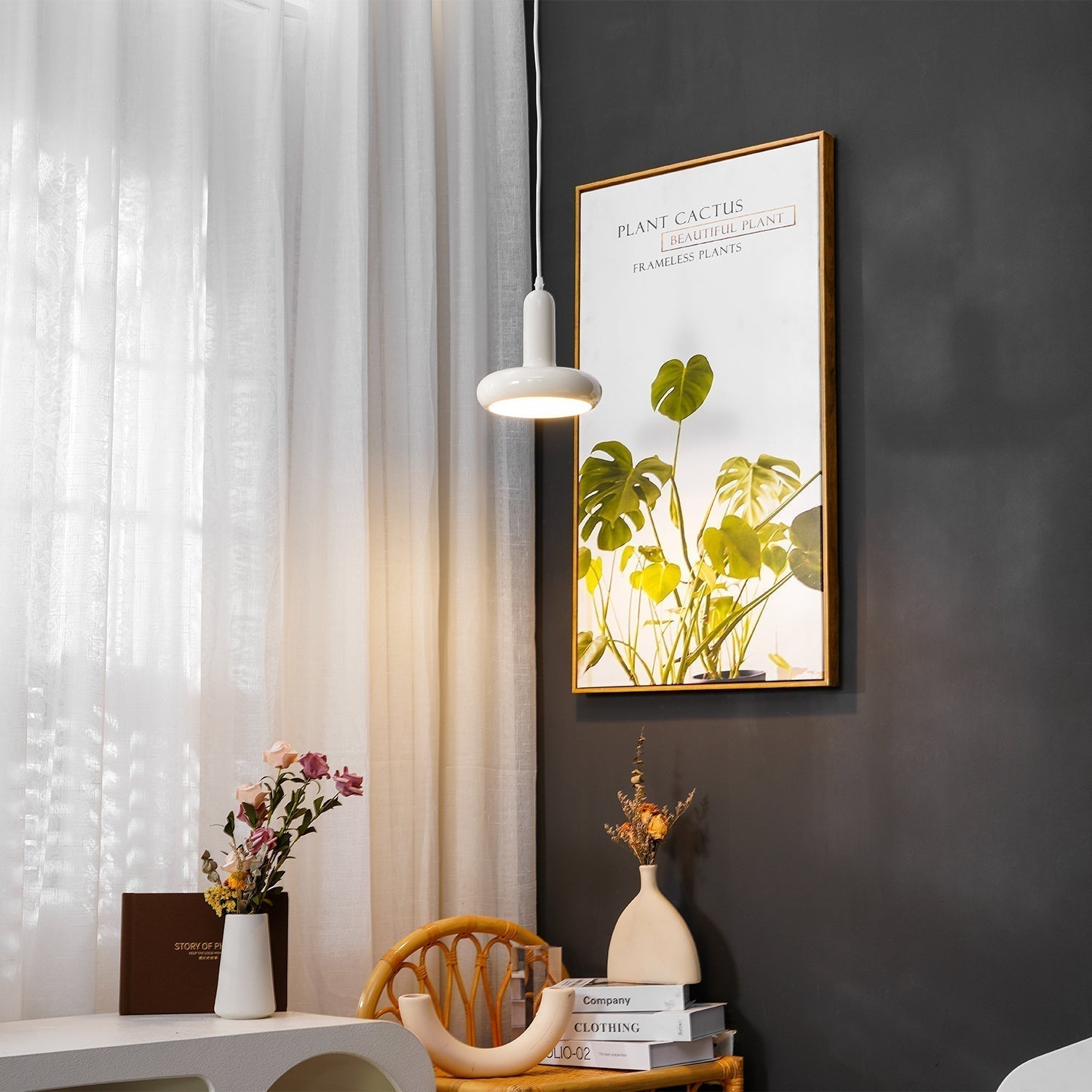 Modern Puck Drop Pendant Light Minimalist Metal Ceiling Hanging Lamp in Cream Finish