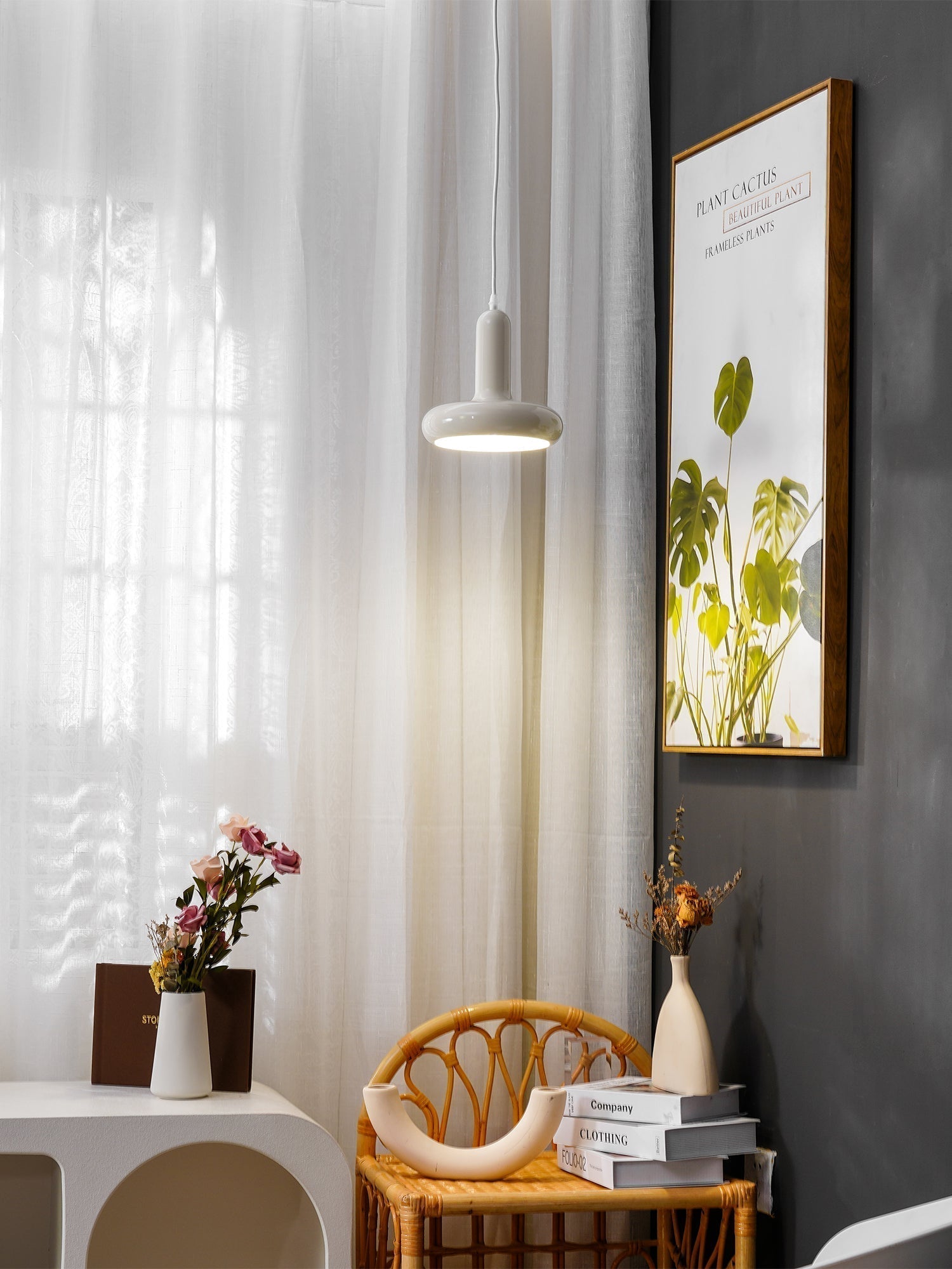 Modern Puck Drop Pendant Light Minimalist Metal Ceiling Hanging Lamp in Cream Finish