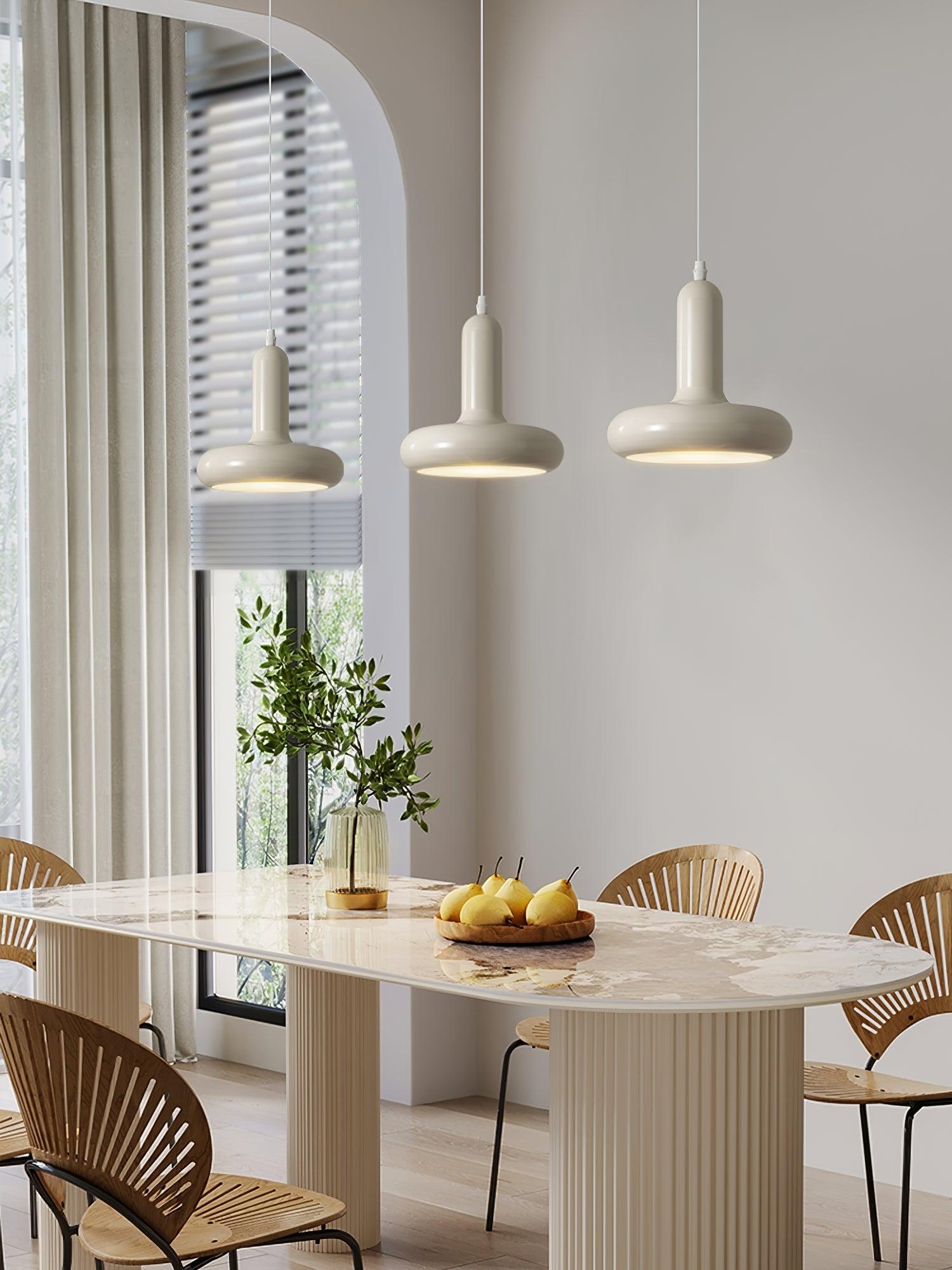 Modern Puck Drop Pendant Light Minimalist Metal Ceiling Hanging Lamp in Cream Finish