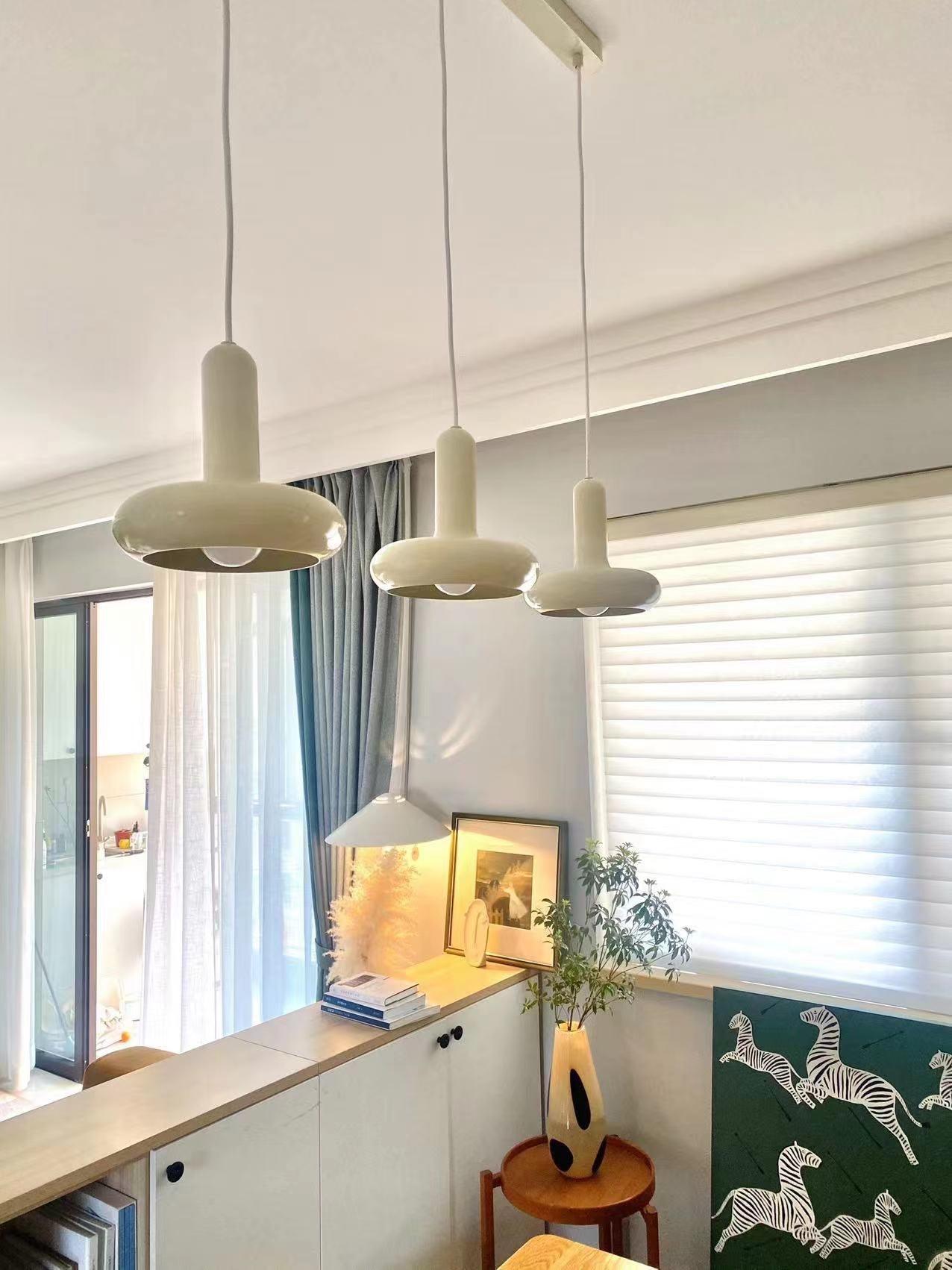 Modern Puck Drop Pendant Light Minimalist Metal Ceiling Hanging Lamp in Cream Finish