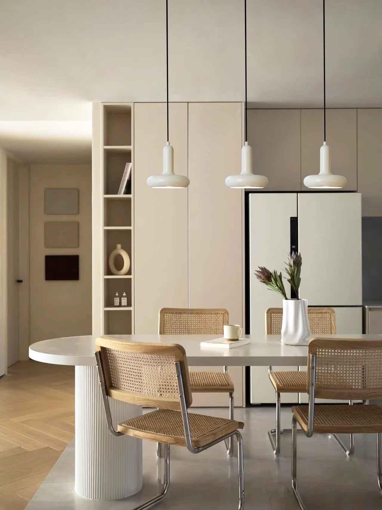 Modern Puck Drop Pendant Light Minimalist Metal Ceiling Hanging Lamp in Cream Finish