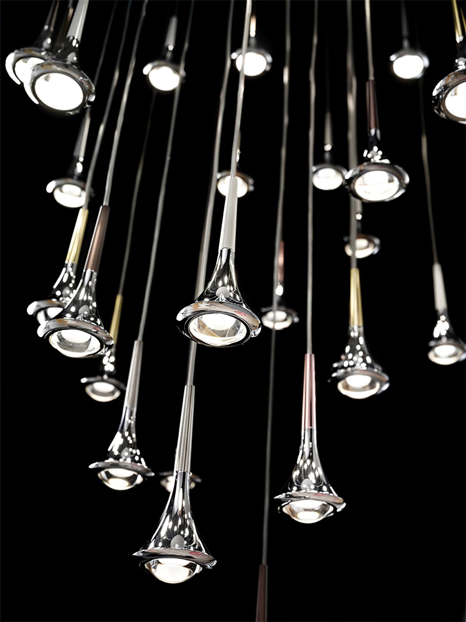 Modern Rain Multi Cascading Glass LED Pendant Light Chrome Drop Chandelier for Indoor Spaces