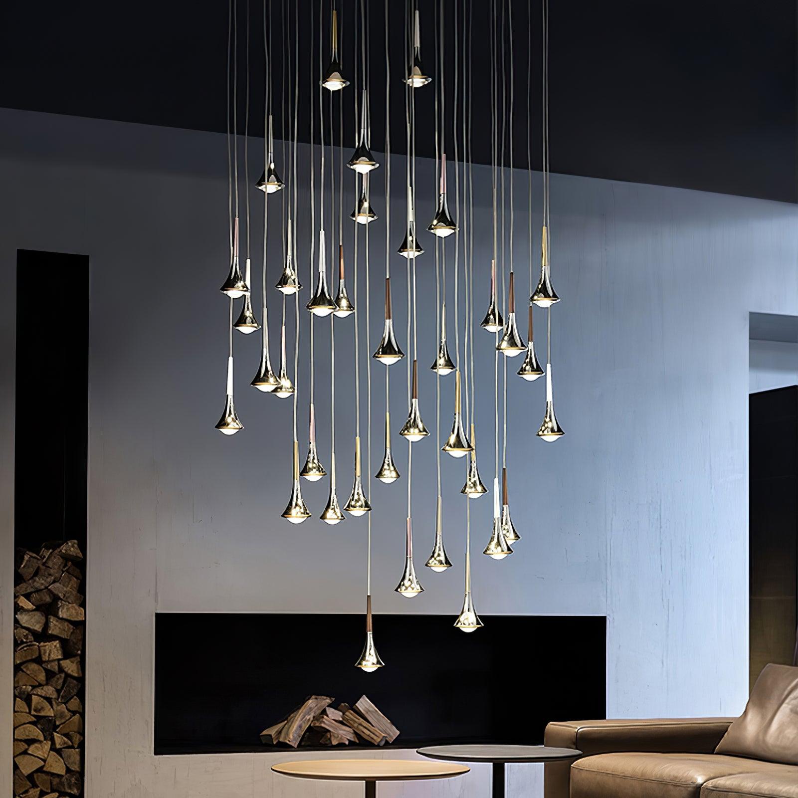 Modern Rain Multi Cascading Glass LED Pendant Light Chrome Drop Chandelier for Indoor Spaces