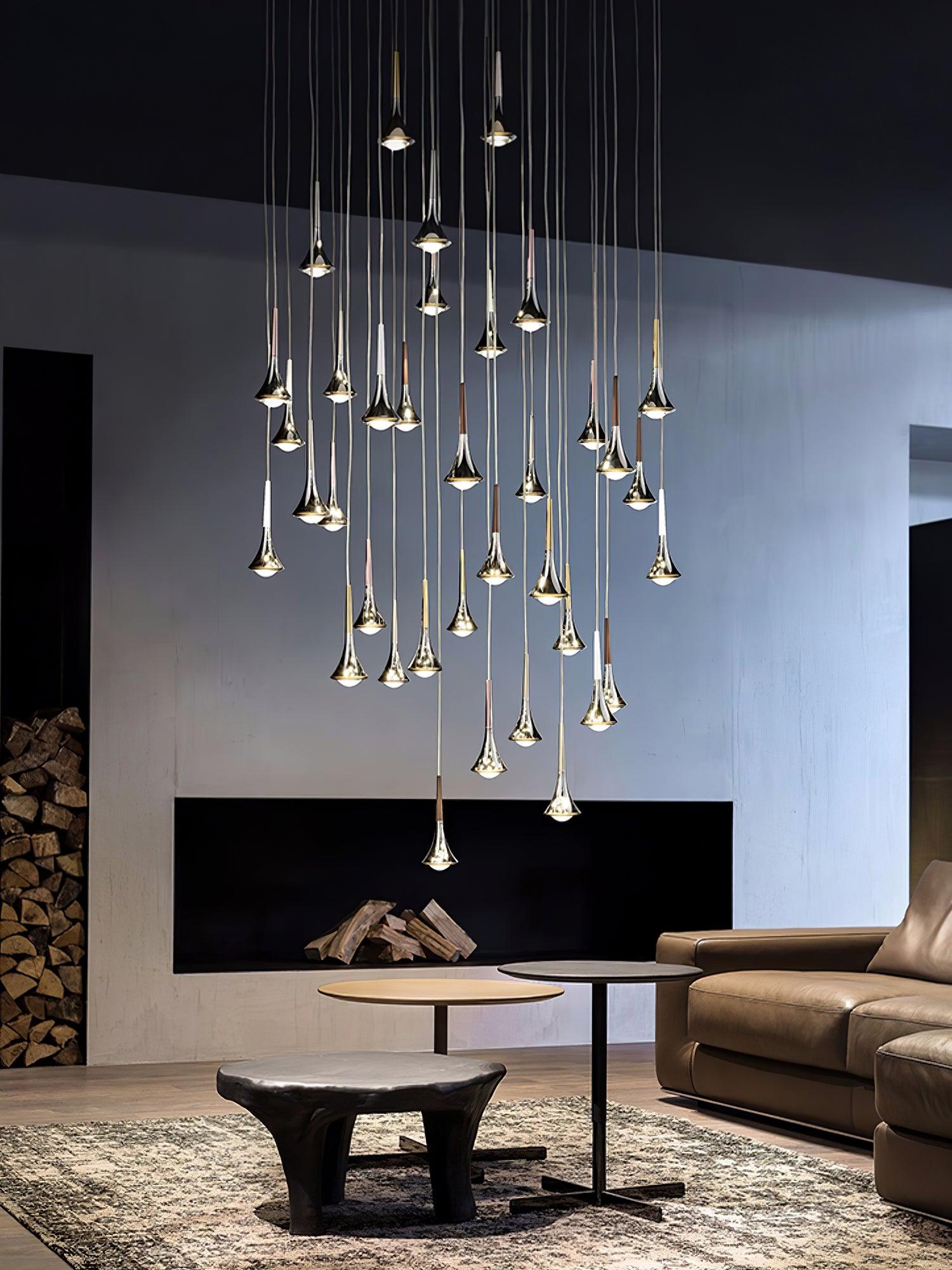 Modern Rain Multi Cascading Glass LED Pendant Light Chrome Drop Chandelier for Indoor Spaces