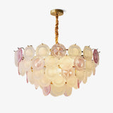 Modern Rainbow Petal Branch Chandelier Gold Finish with Pink and White Glass Discs