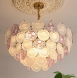 Modern Rainbow Petal Branch Chandelier Gold Finish with Pink and White Glass Discs