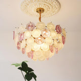 Modern Rainbow Petal Branch Chandelier Gold Finish with Pink and White Glass Discs