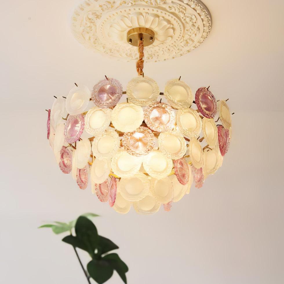 Modern Rainbow Petal Branch Chandelier Gold Finish with Pink and White Glass Discs
