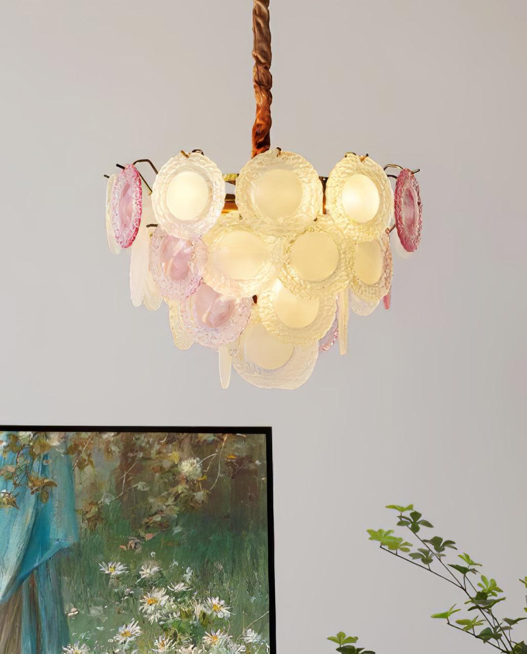 Modern Rainbow Petal Branch Chandelier Gold Finish with Pink and White Glass Discs