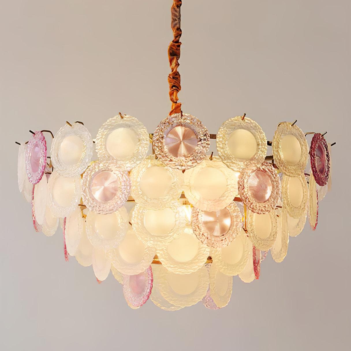 Modern Rainbow Petal Branch Chandelier Gold Finish with Pink and White Glass Discs