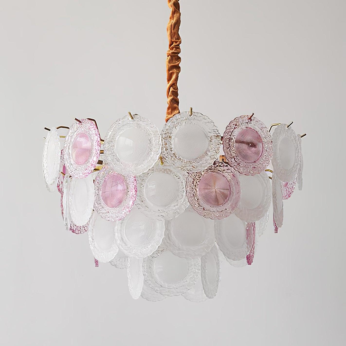 Modern Rainbow Petal Branch Chandelier Gold Finish with Pink and White Glass Discs