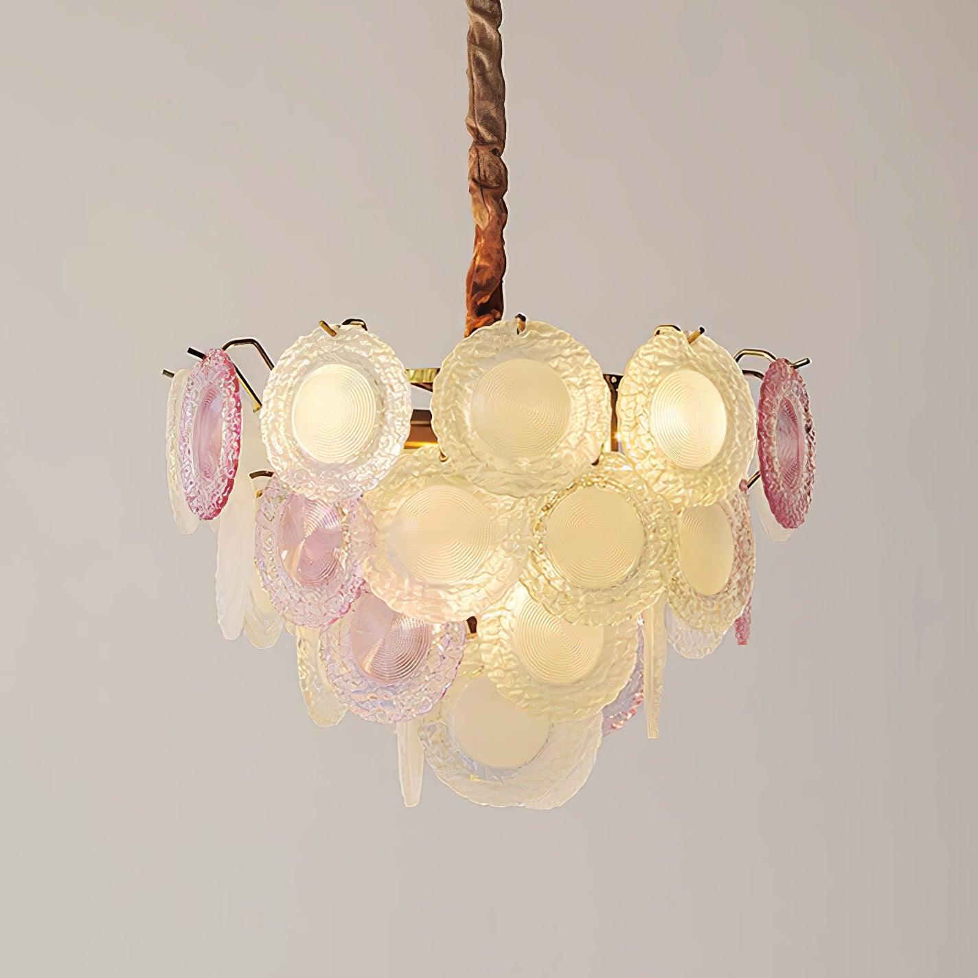 Modern Rainbow Petal Branch Chandelier Gold Finish with Pink and White Glass Discs