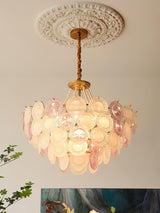 Modern Rainbow Petal Branch Chandelier Gold Finish with Pink and White Glass Discs