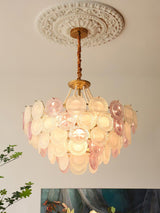 Modern Rainbow Petal Branch Chandelier Gold Finish with Pink and White Glass Discs