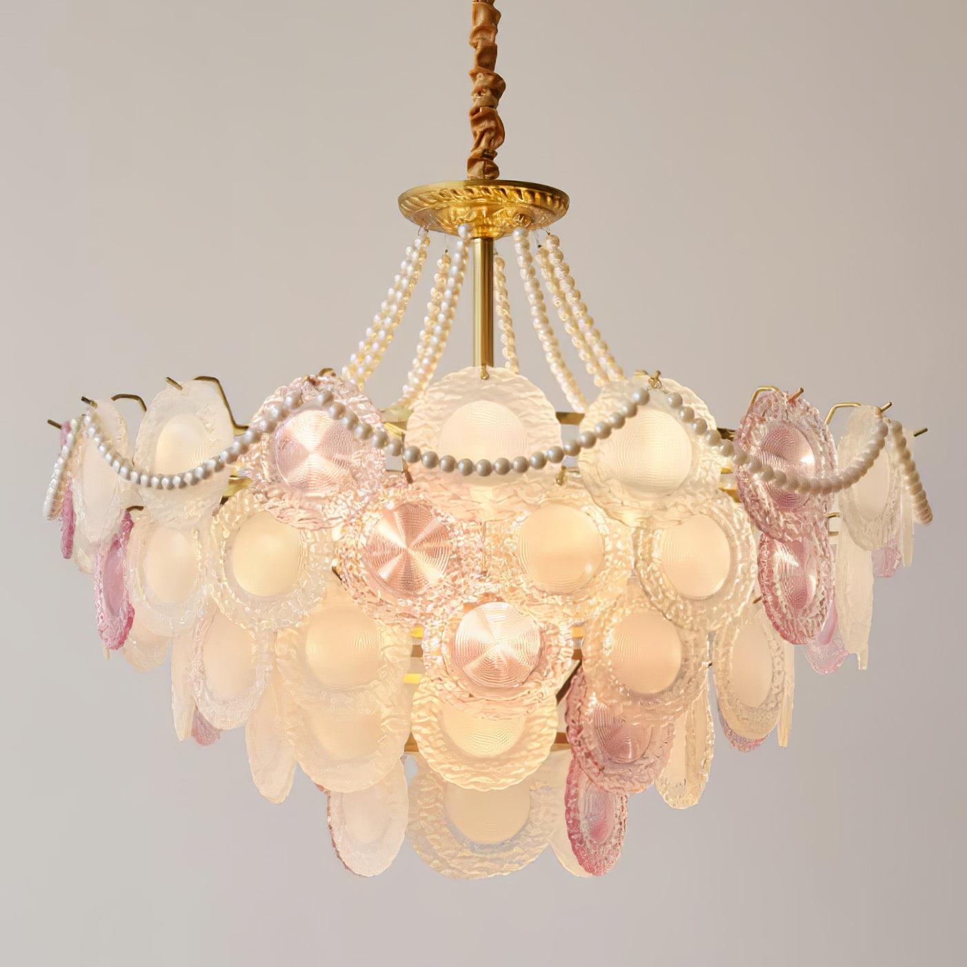 Modern Rainbow Petal Branch Chandelier Gold Finish with Pink and White Glass Discs
