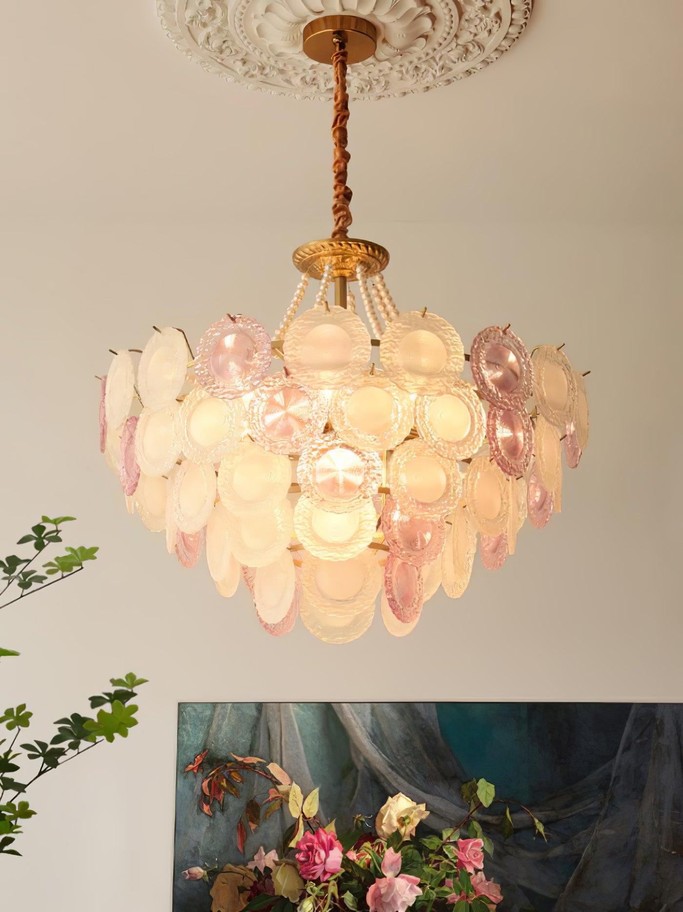 Modern Rainbow Petal Branch Chandelier Gold Finish with Pink and White Glass Discs