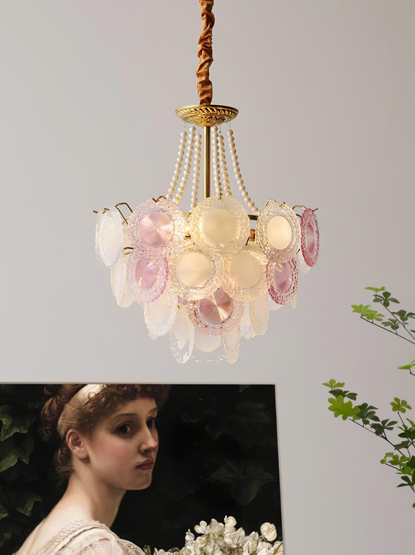 Modern Rainbow Petal Branch Chandelier Gold Finish with Pink and White Glass Discs