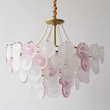 Modern Rainbow Petal Branch Chandelier Gold Finish with Pink and White Glass Discs