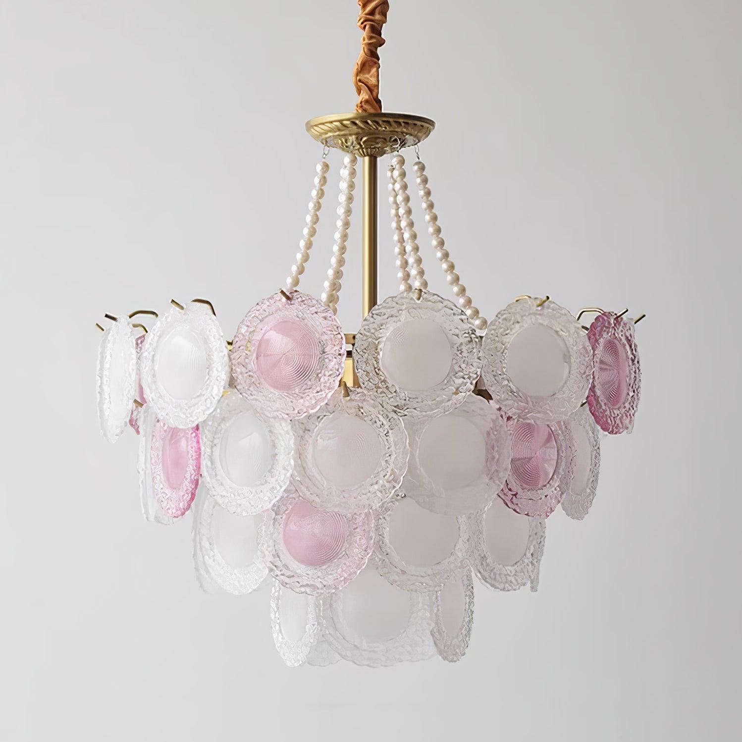 Modern Rainbow Petal Branch Chandelier Gold Finish with Pink and White Glass Discs