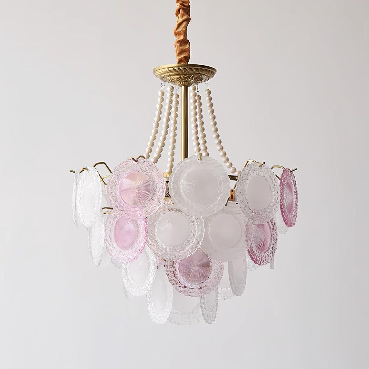Modern Rainbow Petal Branch Chandelier Gold Finish with Pink and White Glass Discs