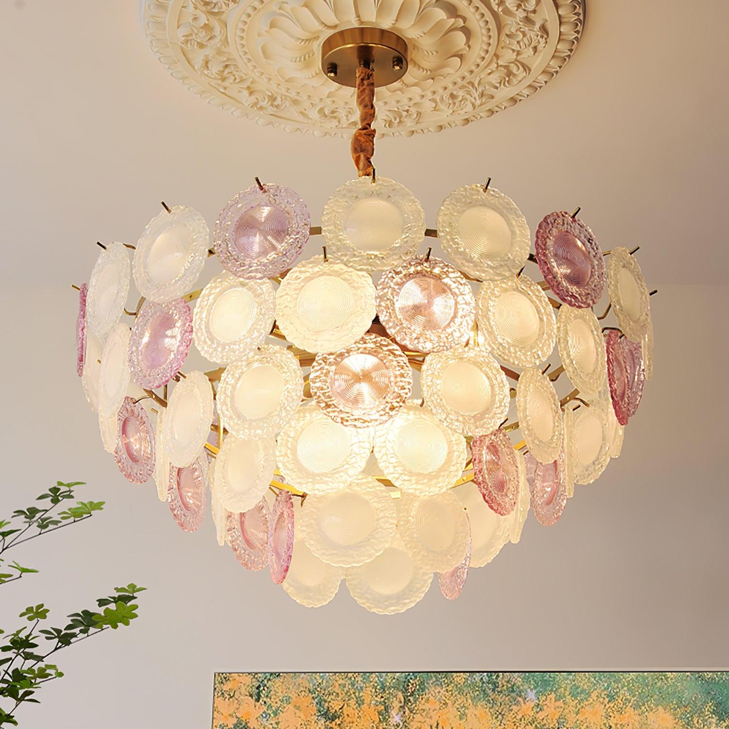 Modern Rainbow Petal Branch Chandelier Gold Finish with Pink and White Glass Discs