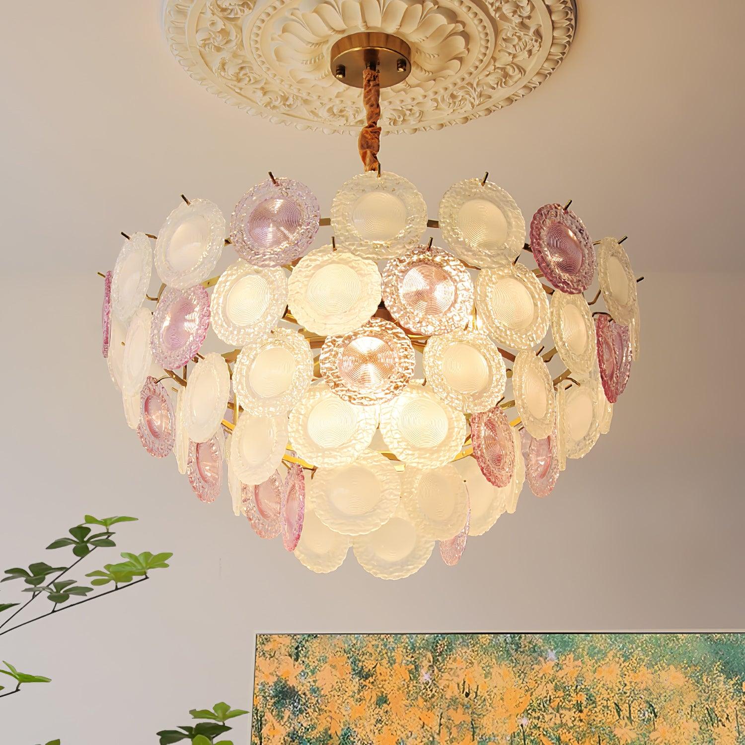 Modern Rainbow Petal Branch Chandelier Gold Finish with Pink and White Glass Discs