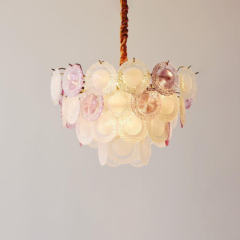 Modern Rainbow Petal Branch Chandelier Gold Finish with Pink and White Glass Discs