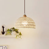 Modern Rattan Arch Pendant Light Handcrafted Wood and Woven Fiber Hanging Ceiling Lamp for Dining Room