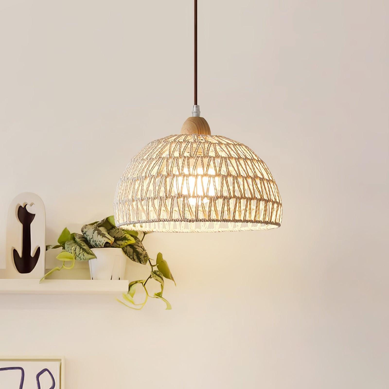 Modern Rattan Arch Pendant Light Handcrafted Wood and Woven Fiber Hanging Ceiling Lamp for Dining Room
