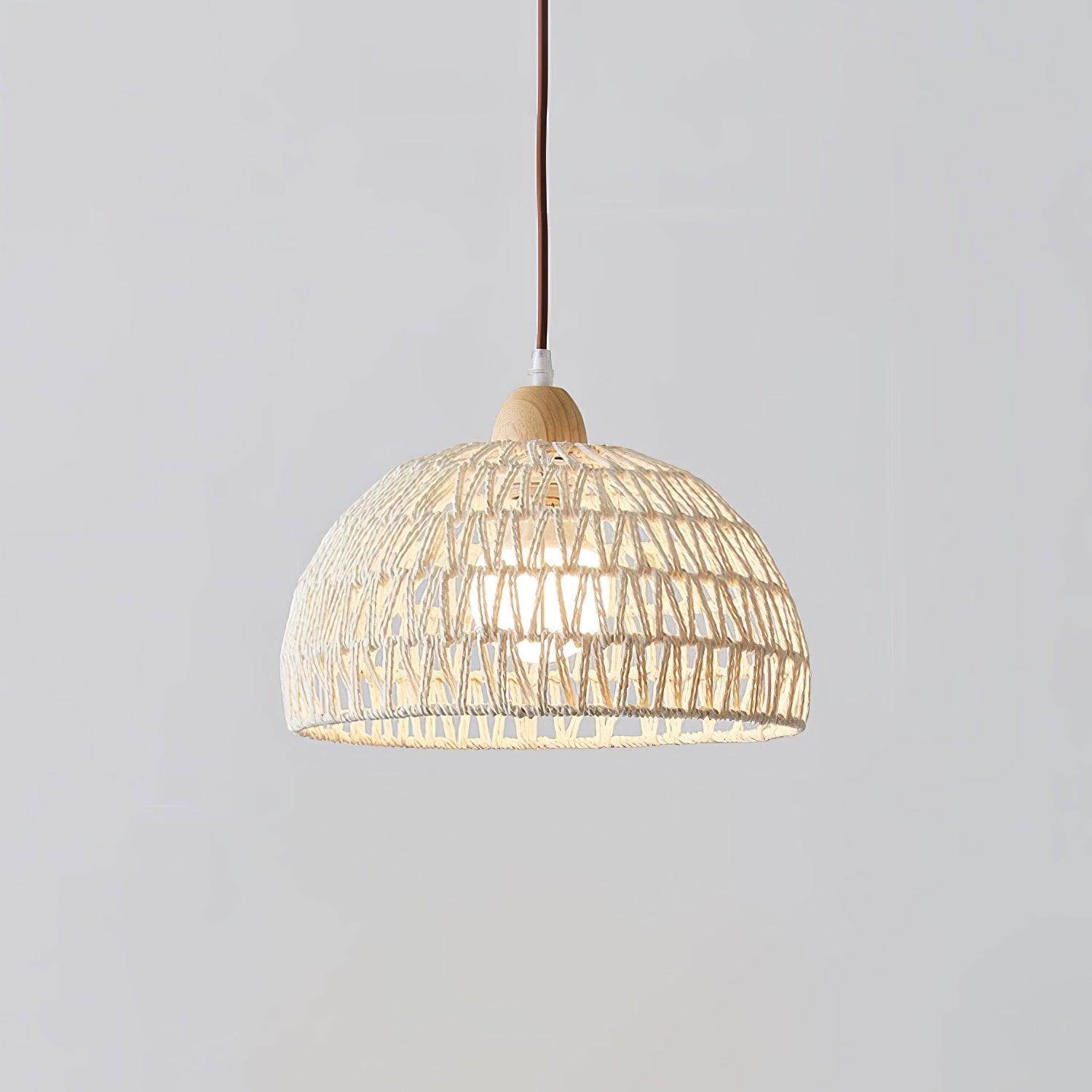 Modern Rattan Arch Pendant Light Handcrafted Wood and Woven Fiber Hanging Ceiling Lamp for Dining Room