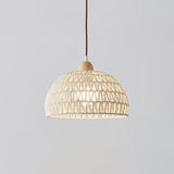 Modern Rattan Arch Pendant Light Handcrafted Wood and Woven Fiber Hanging Ceiling Lamp for Dining Room
