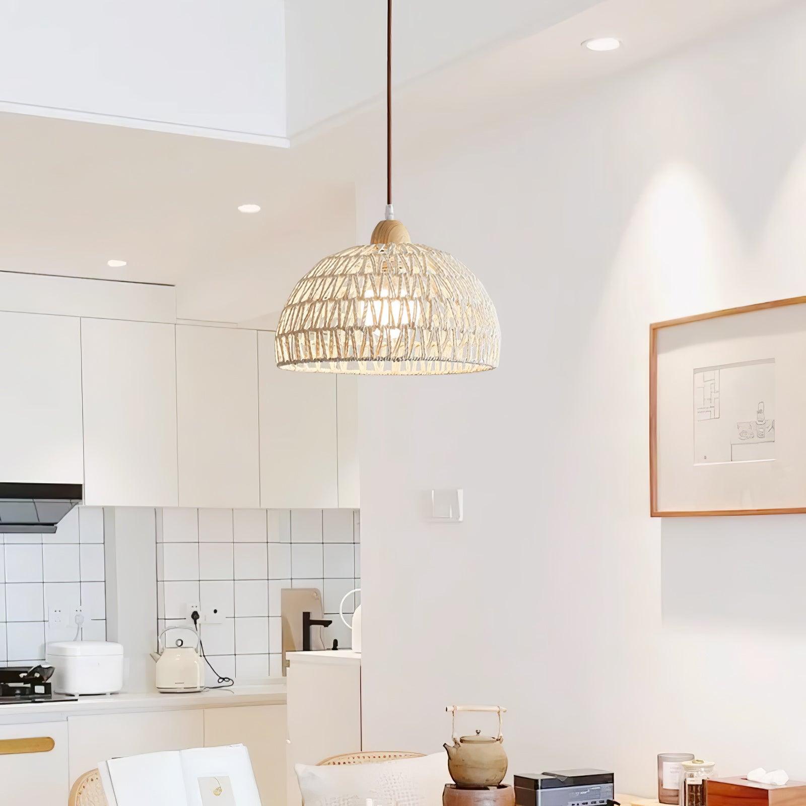 Modern Rattan Arch Pendant Light Handcrafted Wood and Woven Fiber Hanging Ceiling Lamp for Dining Room