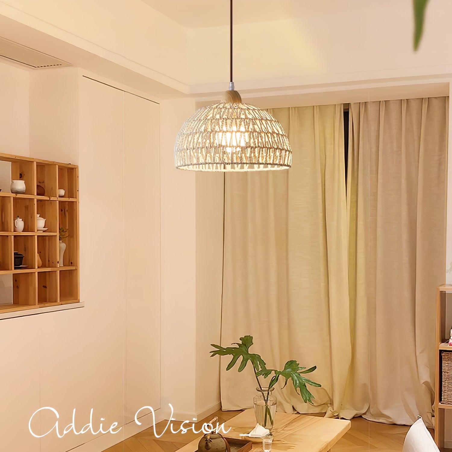 Modern Rattan Arch Pendant Light Handcrafted Wood and Woven Fiber Hanging Ceiling Lamp for Dining Room