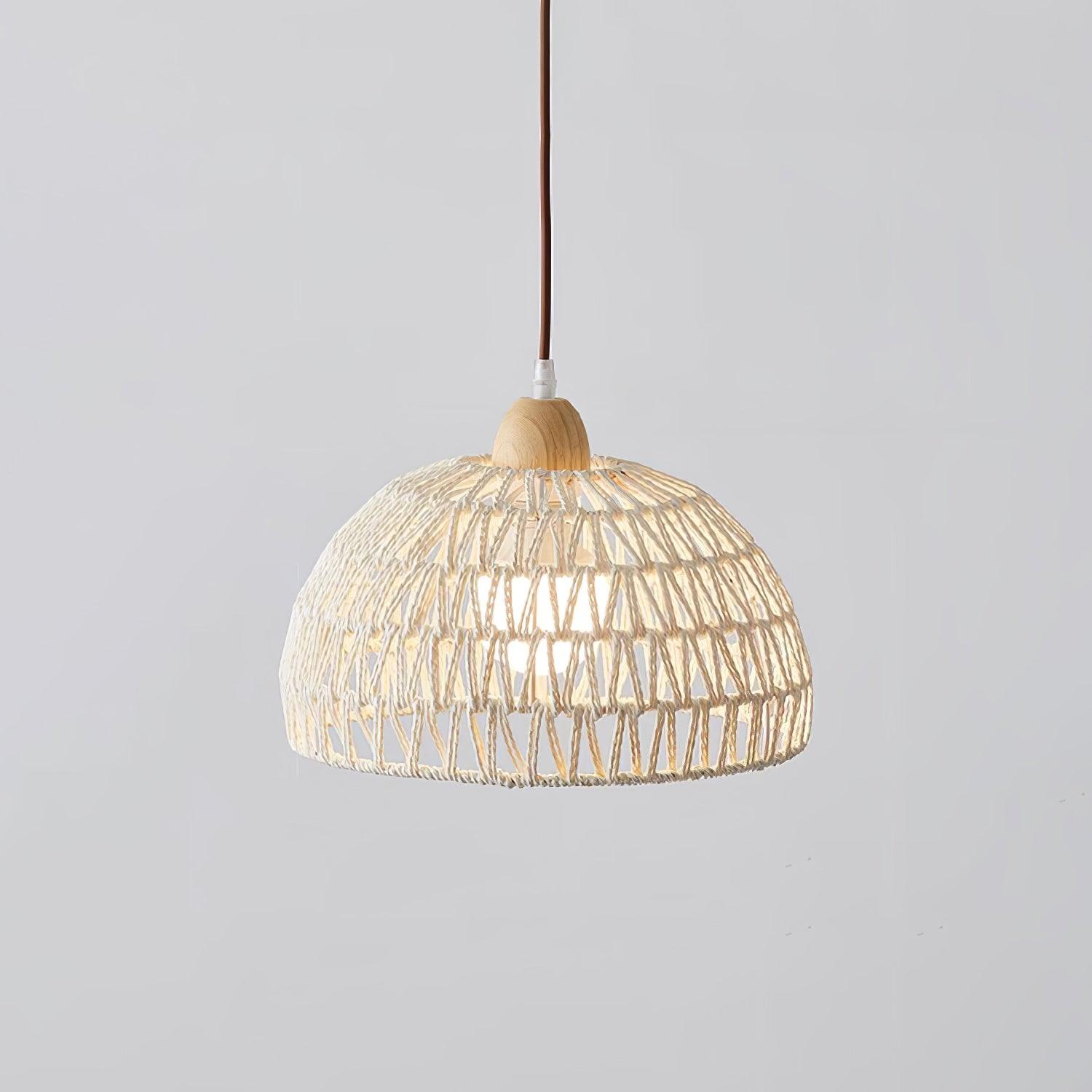 Modern Rattan Arch Pendant Light Handcrafted Wood and Woven Fiber Hanging Ceiling Lamp for Dining Room