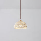 Modern Rattan Arch Pendant Light Handcrafted Wood and Woven Fiber Hanging Ceiling Lamp for Dining Room